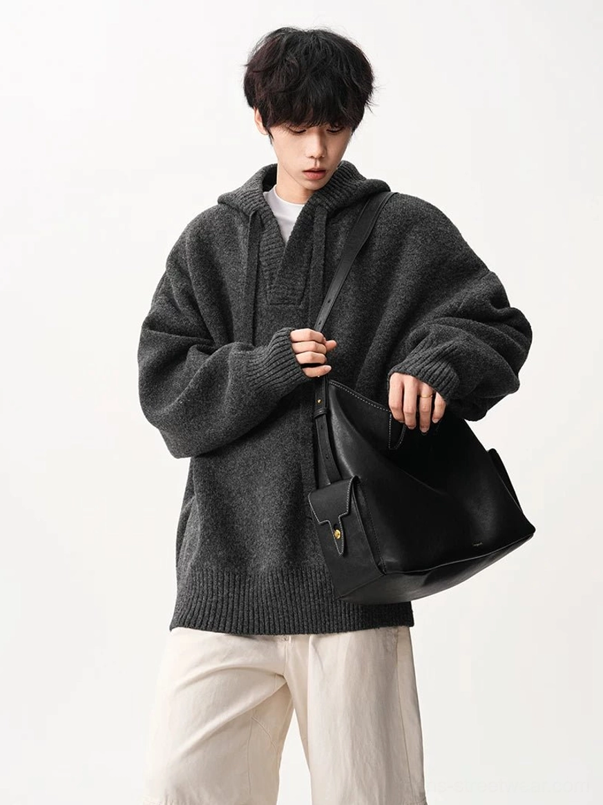 Dark gray V-neck knit hoodie oversized Korean streetwear outfit styled with beige wide leg pants and shoulder bag