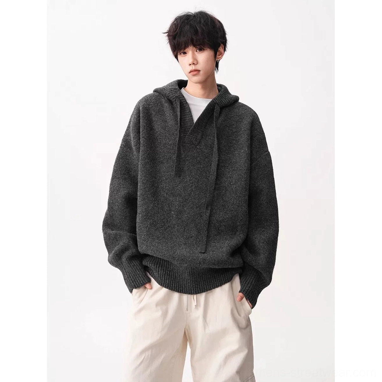 Dark gray oversized V-neck knit hoodie Korean streetwear sweater product view