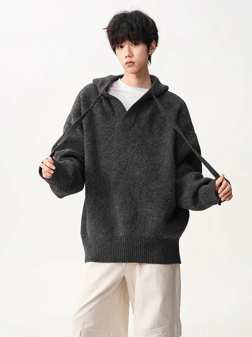 Oversized V-neck knit hoodie Korean streetwear sweater detailed product view