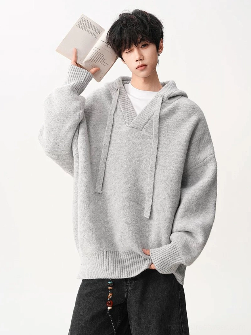 Light gray brown oversized Korean streetwear knit hoodie with V-neck and dropped shoulder detail