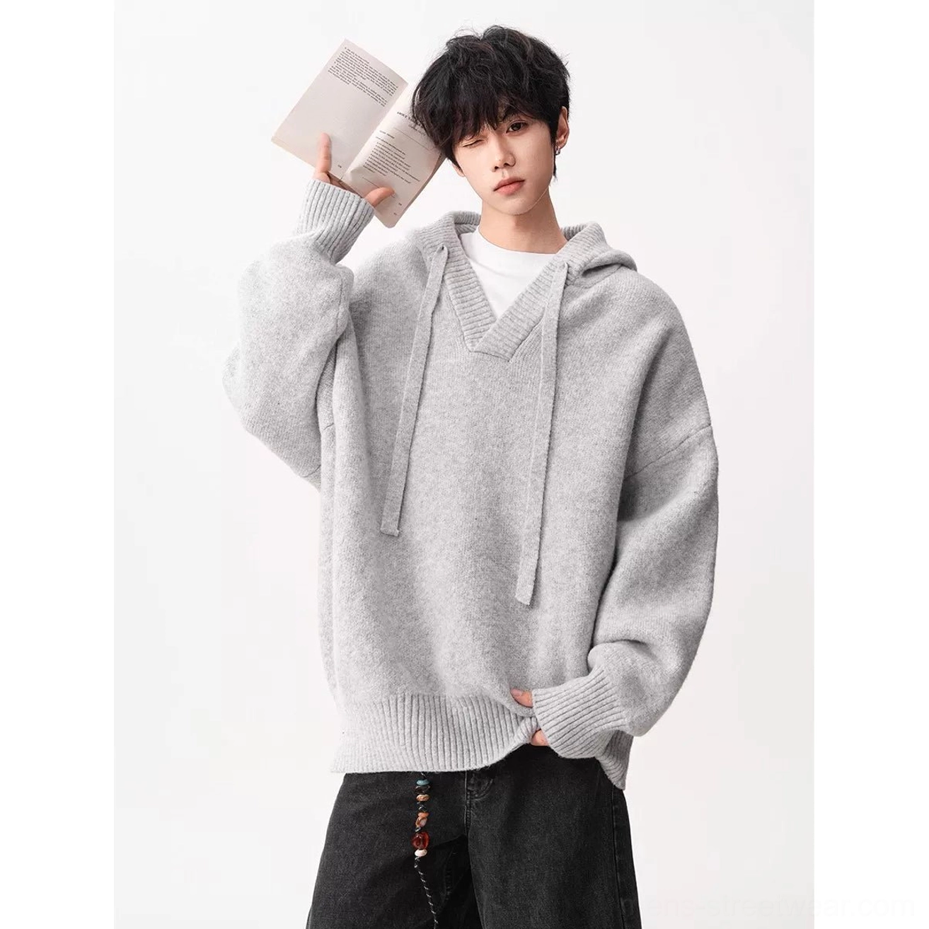 Light gray brown oversized V-neck knit hoodie Korean streetwear sweater product view