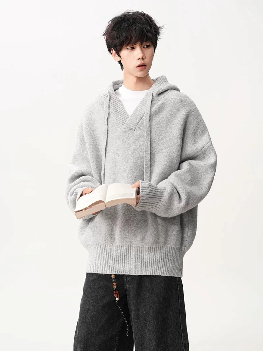 Light gray brown soft textured V-neck knit hoodie relaxed fit Korean campus streetwear outfit