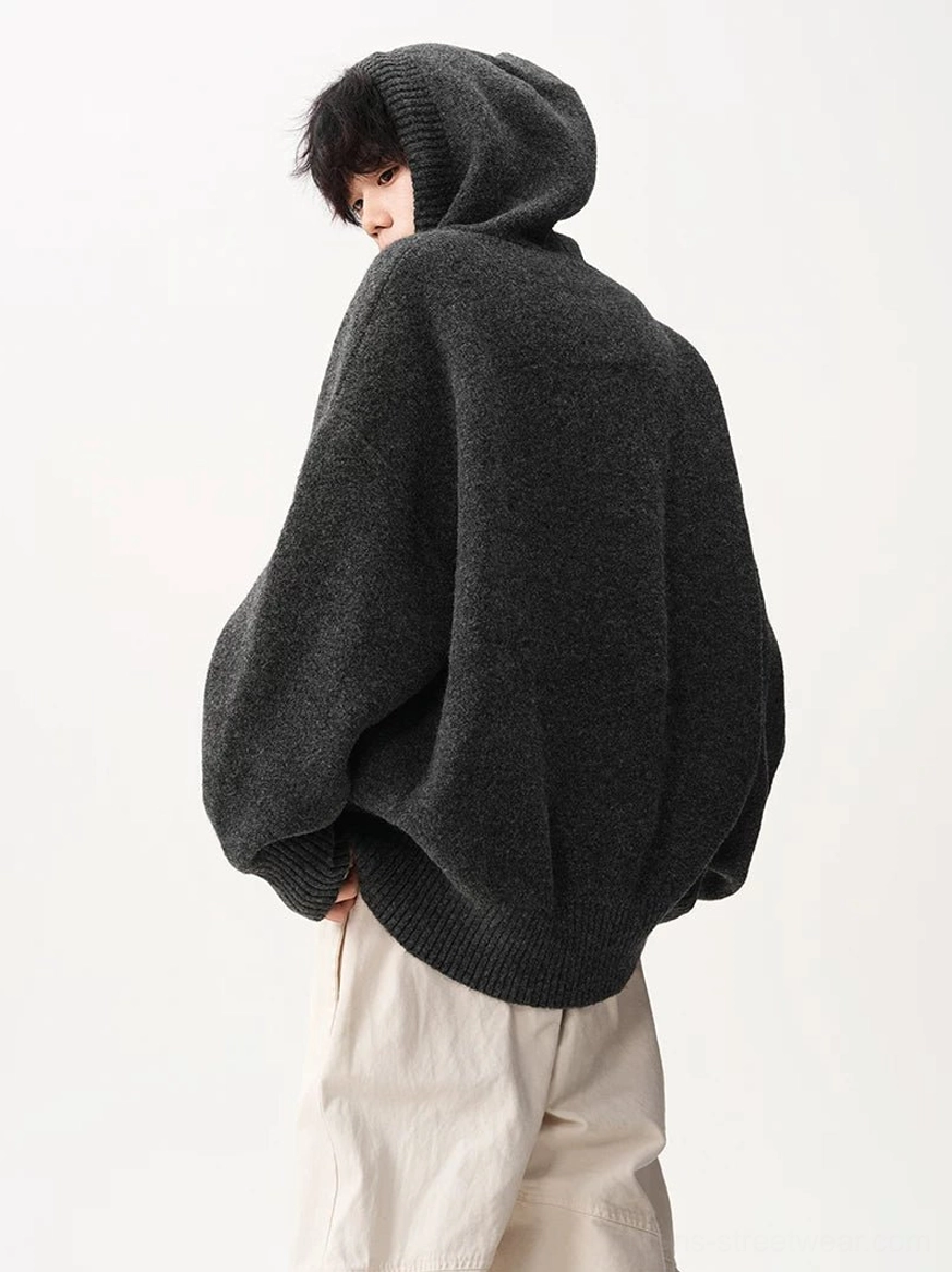 Oversized V-neck knit hoodie ribbed cuff and hem detail for relaxed Seoul fashion styling