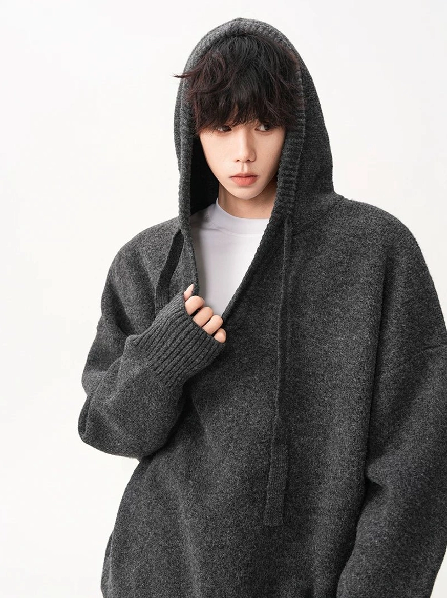 Soft textured oversized V-neck knit hoodie for Korean streetwear layering