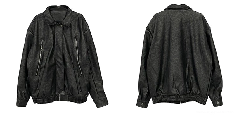 Oversized vintage faux leather jacket for Korean streetwear styling in a relaxed silhouette with functional pockets and textured vegan leather finish