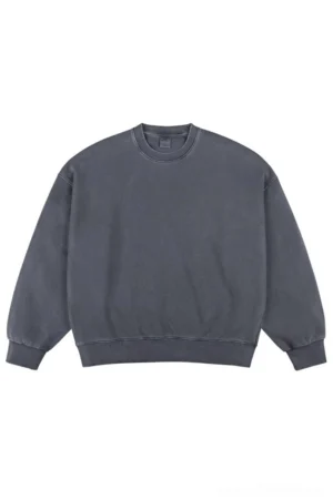 Dark gray oversized vintage washed faded crewneck sweatshirt front flat lay with dropped shoulders and ribbed trims