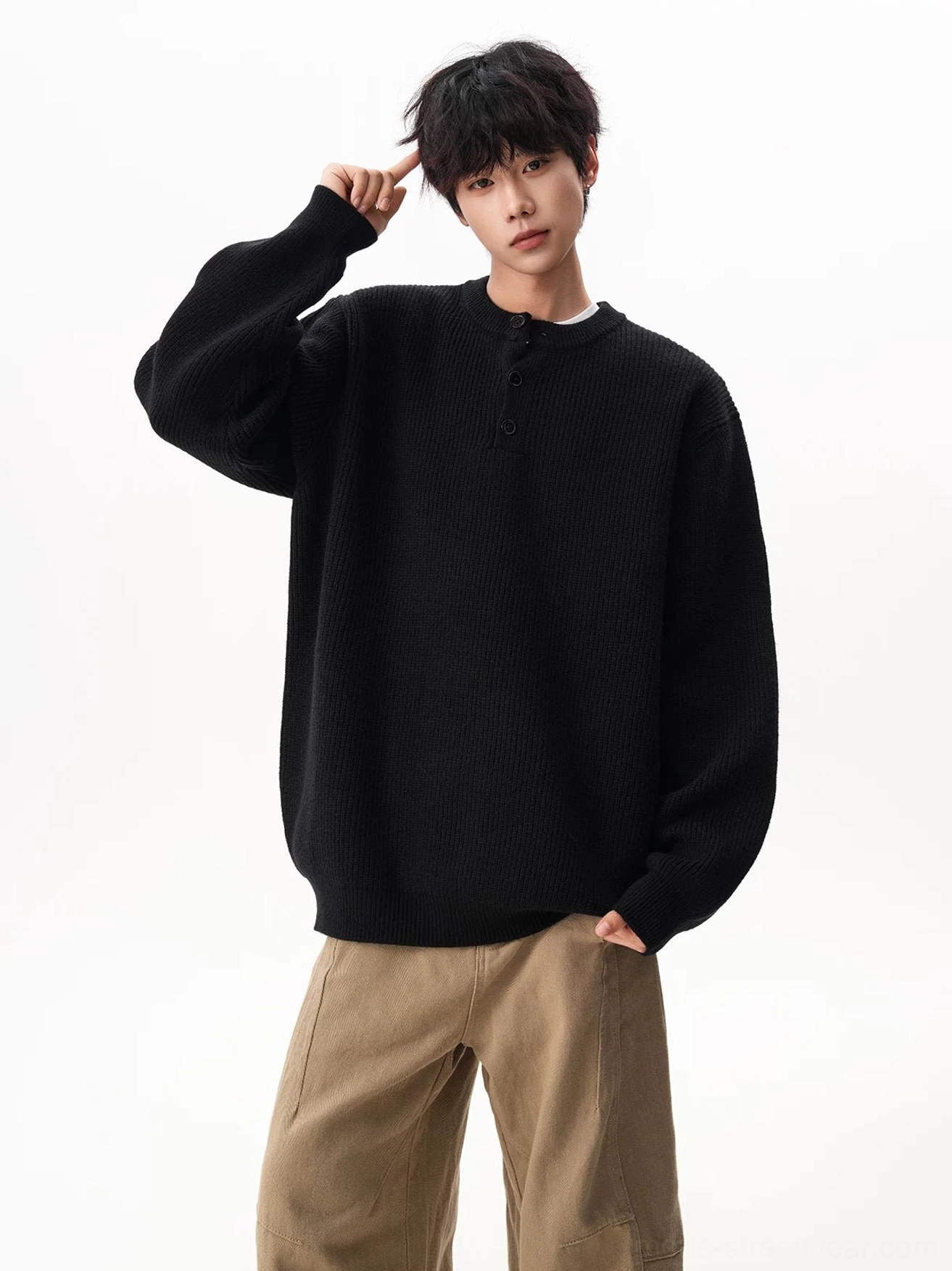 Oversized waffle Henley knit sweater product image for Korean streetwear layering and relaxed everyday outfits