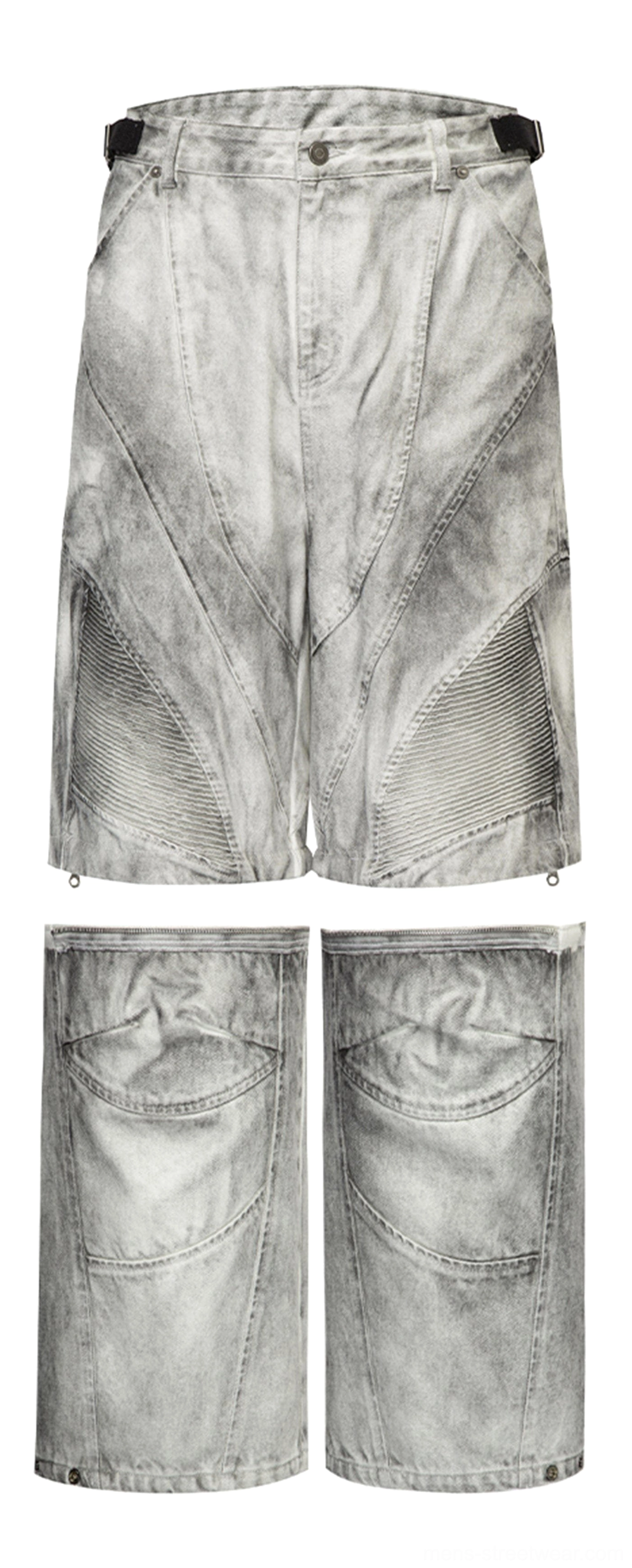 Oversized washed grey cargo pants with convertible detachable leg design, paneled construction, and modern utility fashion details
