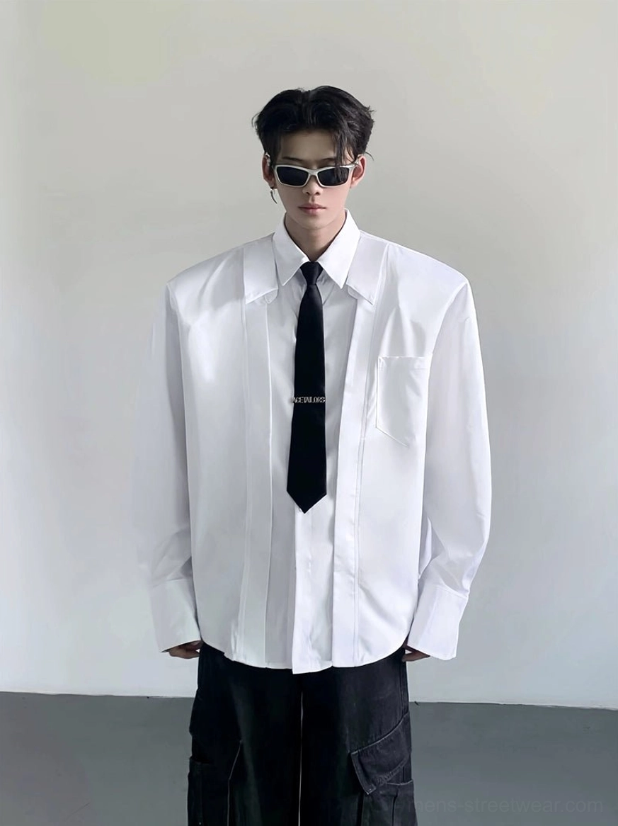 White oversized wide-shoulder Korean streetwear dress shirt in a clean minimalist studio product view