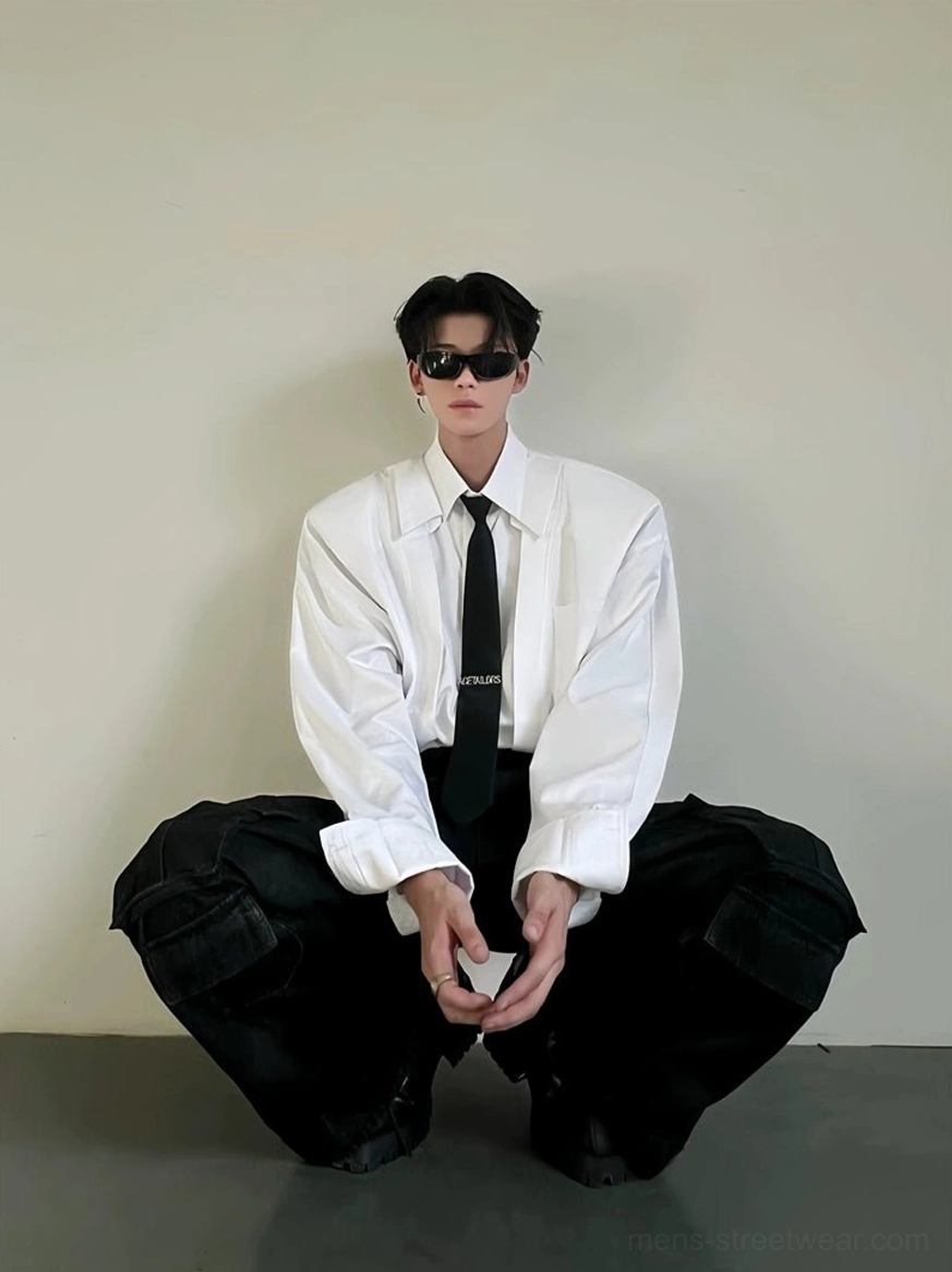 White oversized wide-shoulder button-up dress shirt with rolled long sleeves and chest pocket in Korean streetwear styling