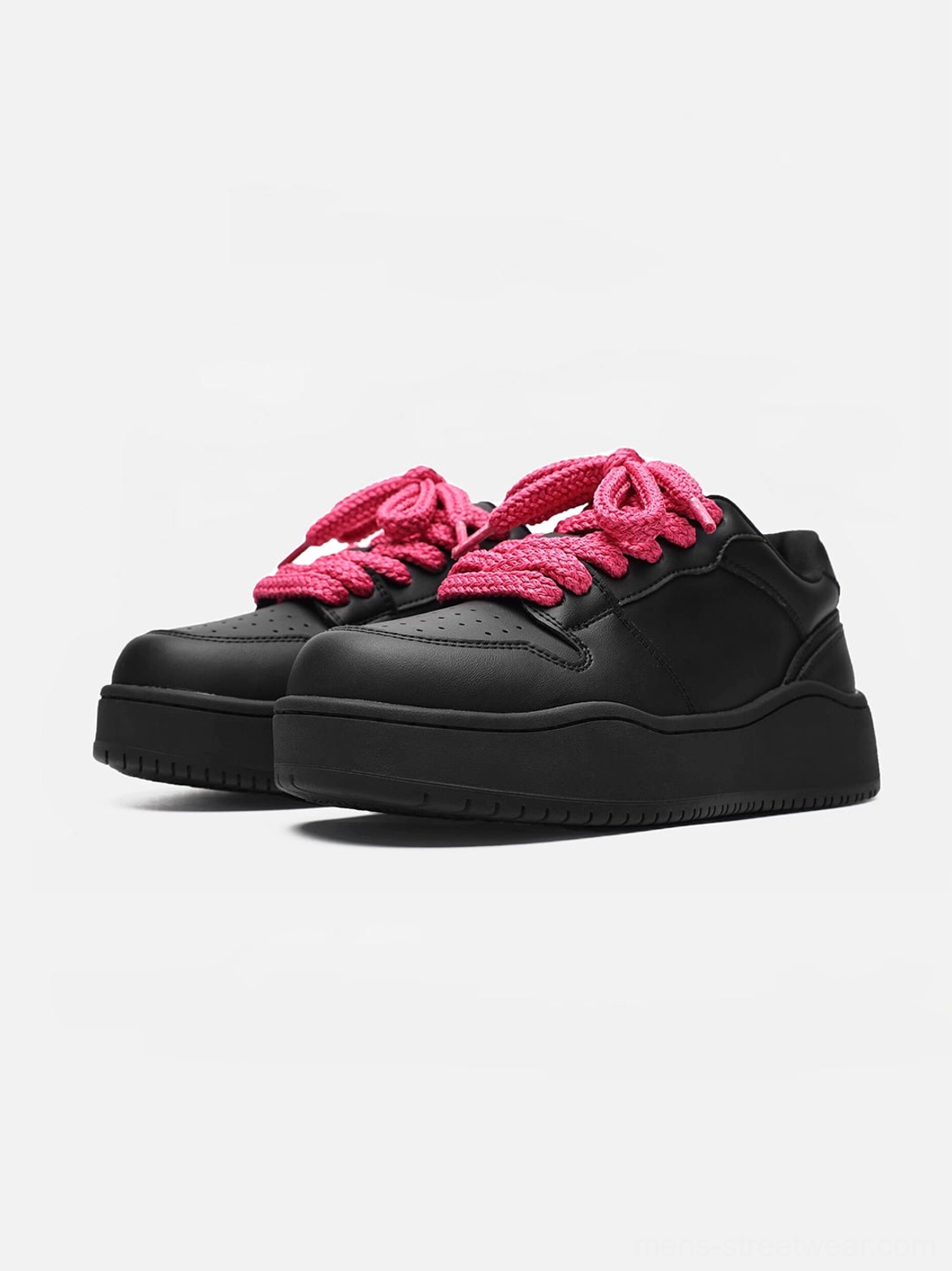 Pair of black contrast lace platform sneakers shown in side profile with thick flat soles and pink laces
