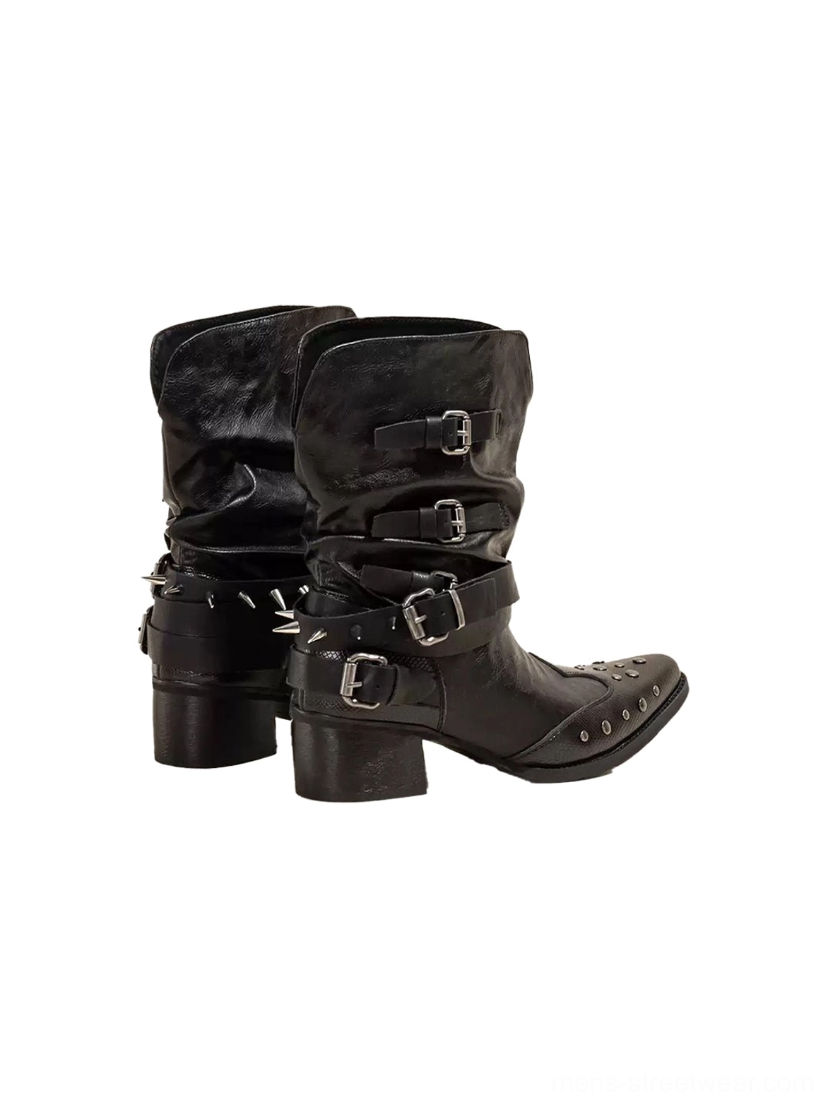 Pair of black punk Western boots displayed side by side with spike studded toes, multiple silver buckles, and chunky block heels