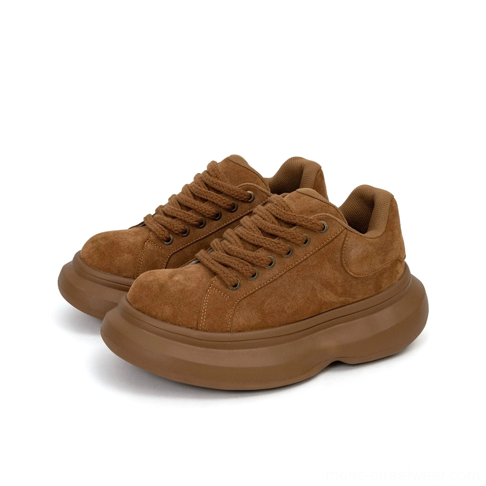 Pair of brown suede platform sneakers displayed from the front angle with matching chunky rubber soles and classic streetwear lace-up styling