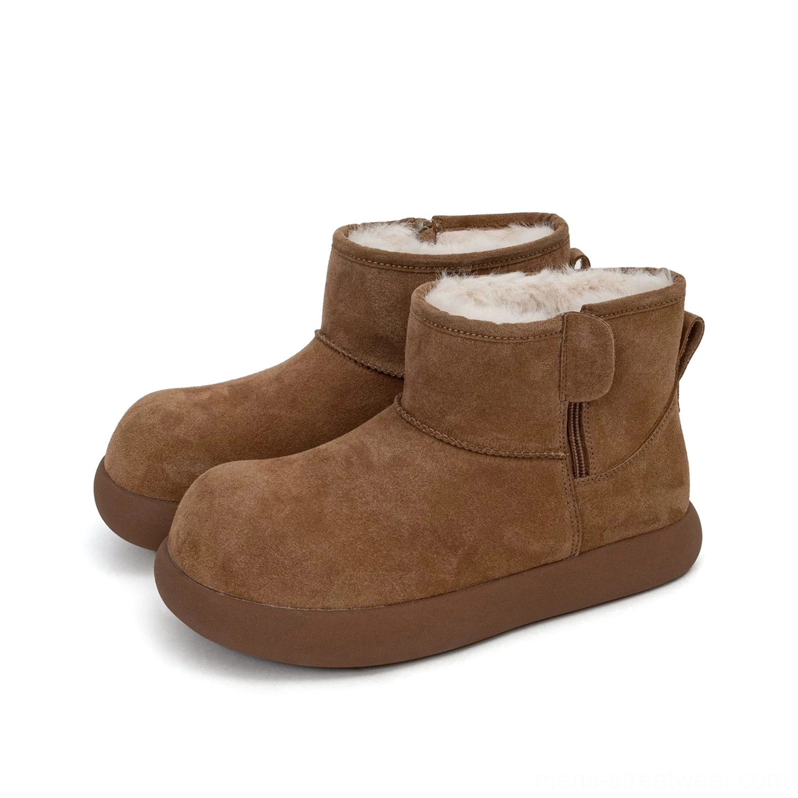 Pair of chestnut brown men's shearling ankle boots on a white studio background, featuring matte suede, fuzzy fleece lining, side pull tabs, and chunky platform soles