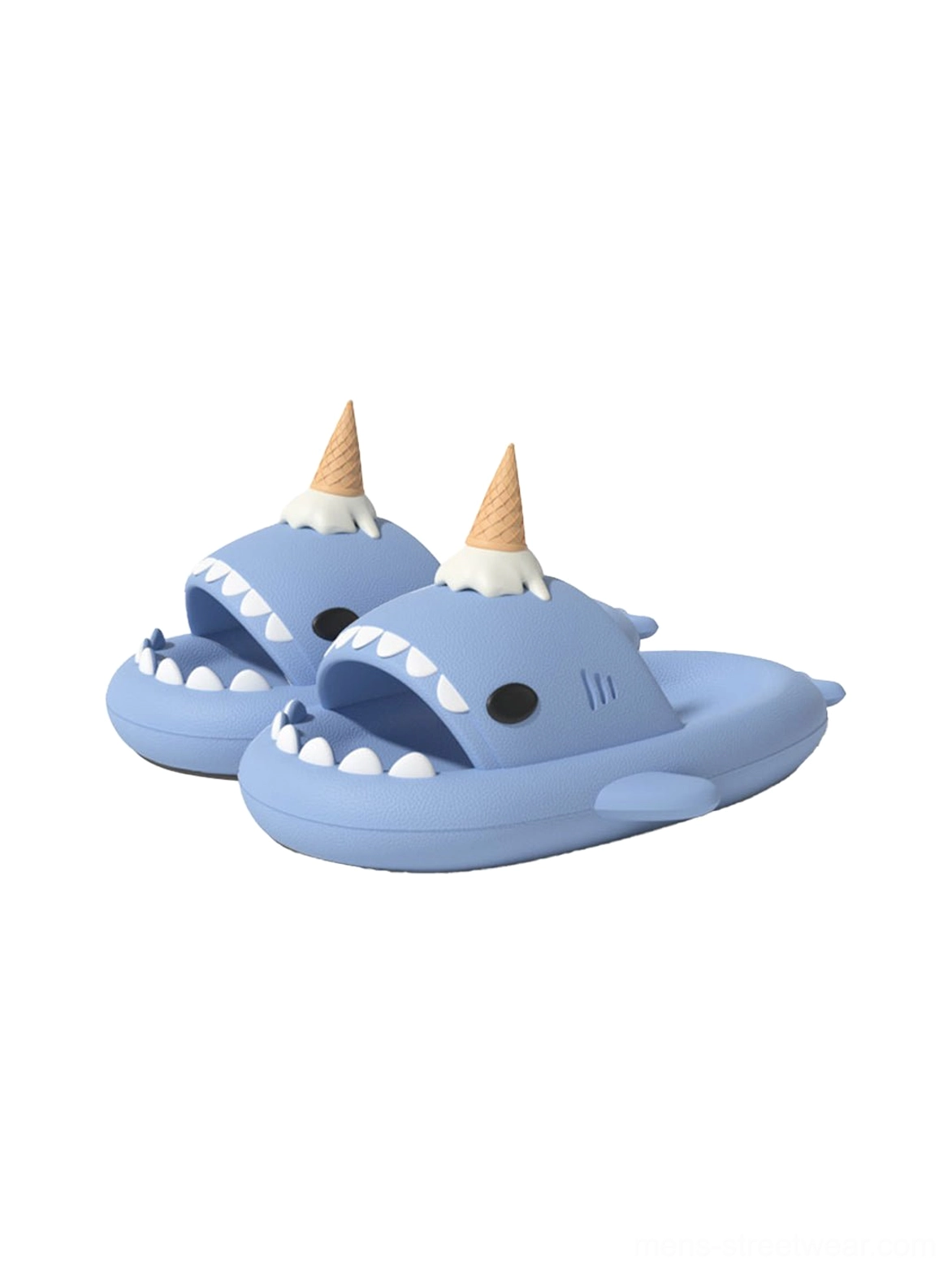 Pair of matching light blue shark platform slippers with open-mouth design and decorative ice cream accents
