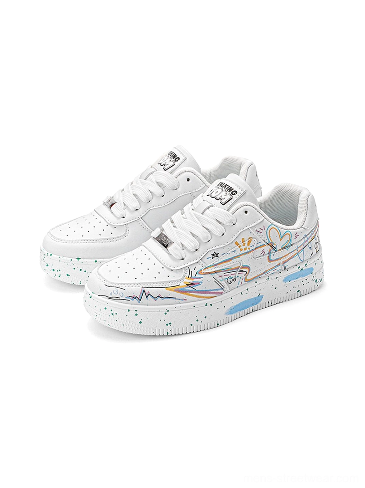 Pair of white graffiti lightning low-top court sneakers with perforated toe boxes, colorful printed artwork, and speckled blue sole accents