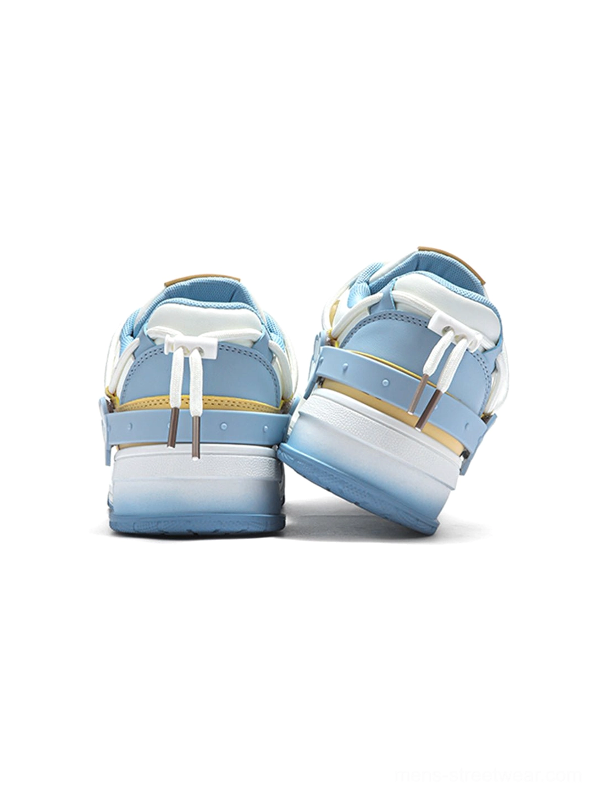 Rear view of pale blue paw print low-top sneakers with gradient rubber outsole, heel pull tabs, and gold trim