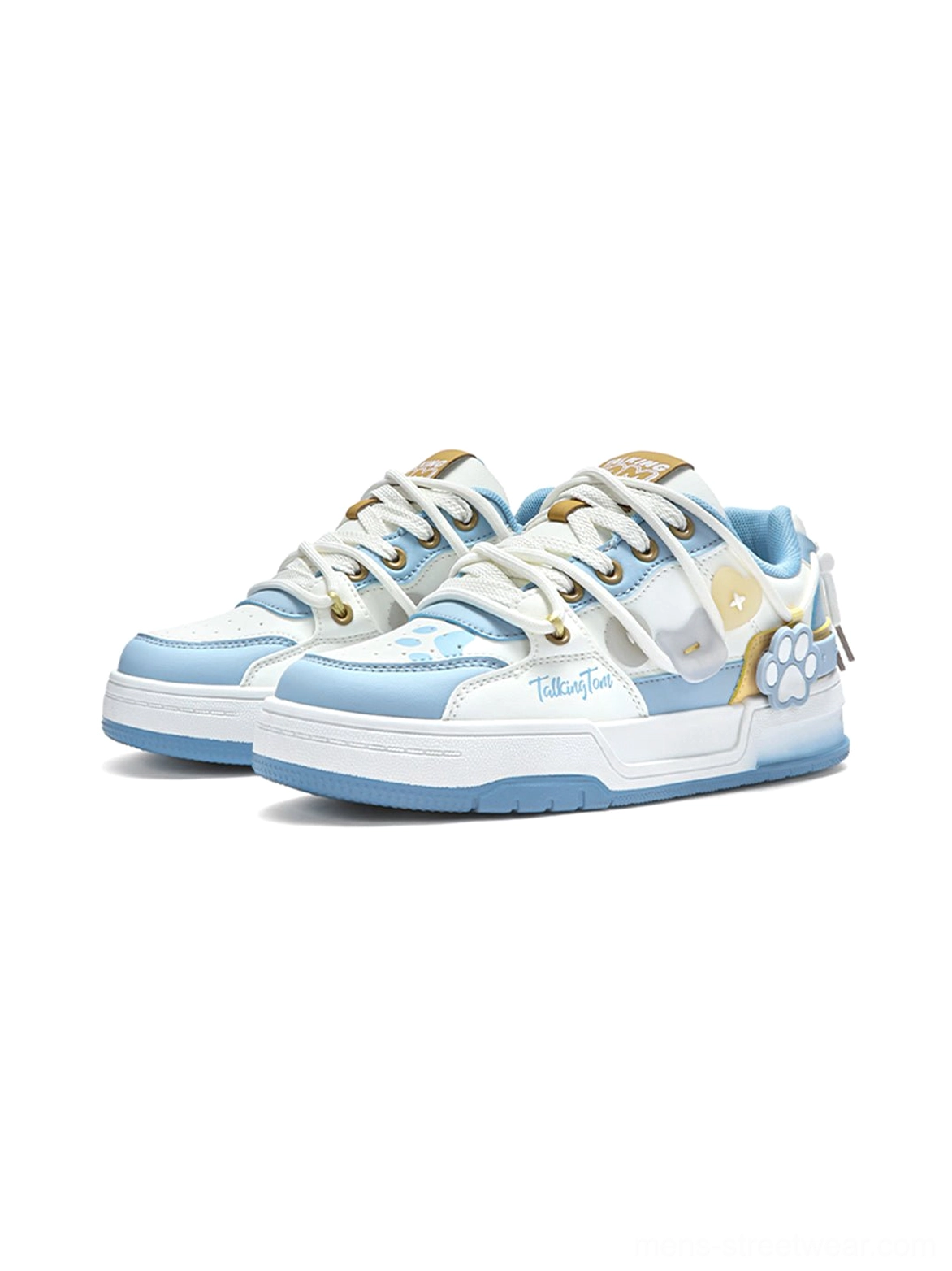 Pair of pale blue and white paw print low-top sneakers with gold heel accents and layered court-style panels