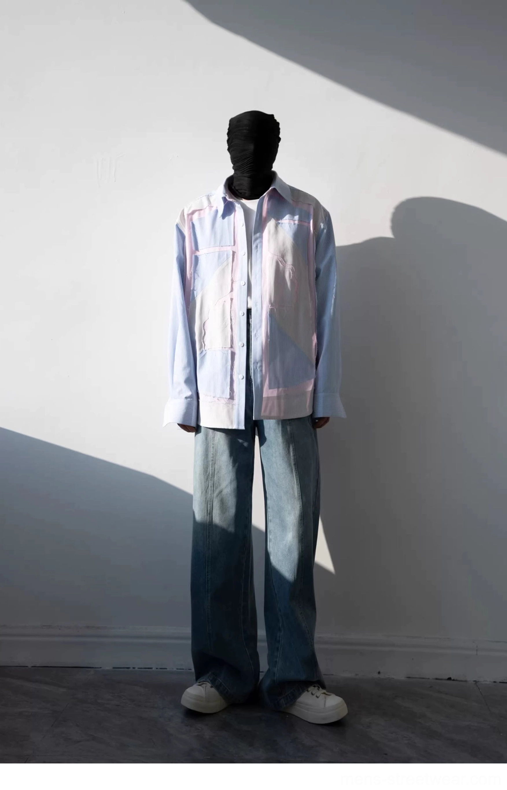 Pastel geometric patchwork oversized shirt full outfit view with light blue stripes pink trim and denim