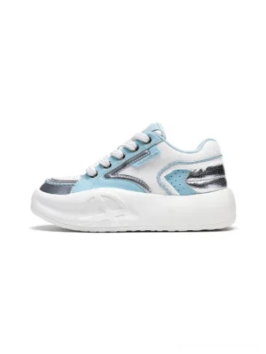 Pastel breathable platform runner sneakers in white light blue and silver with chunky lightweight platform outsole shown from the left side