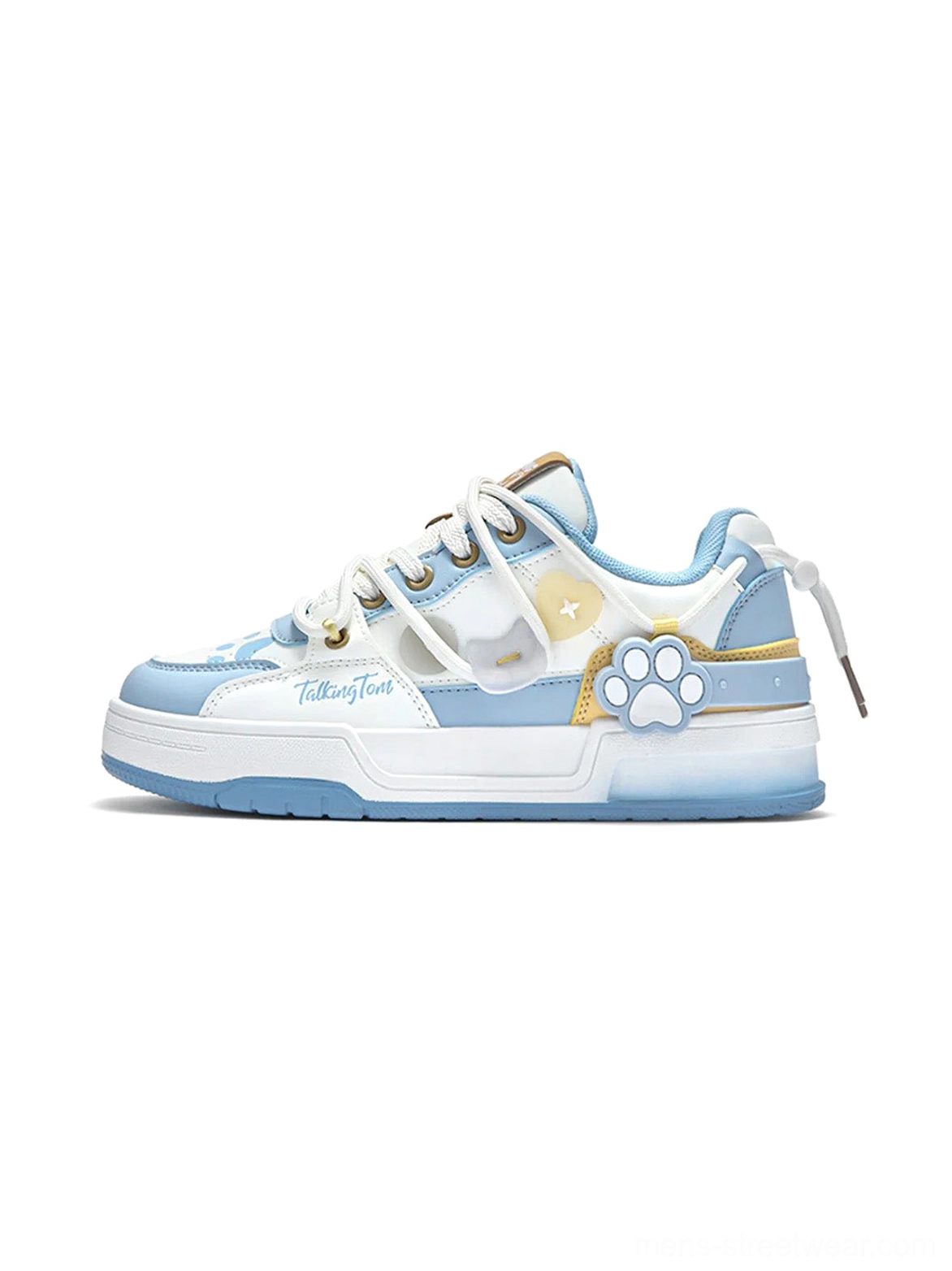 Pale blue and white paw print low-top court sneaker with layered panels, gold trim, and flat rubber outsole