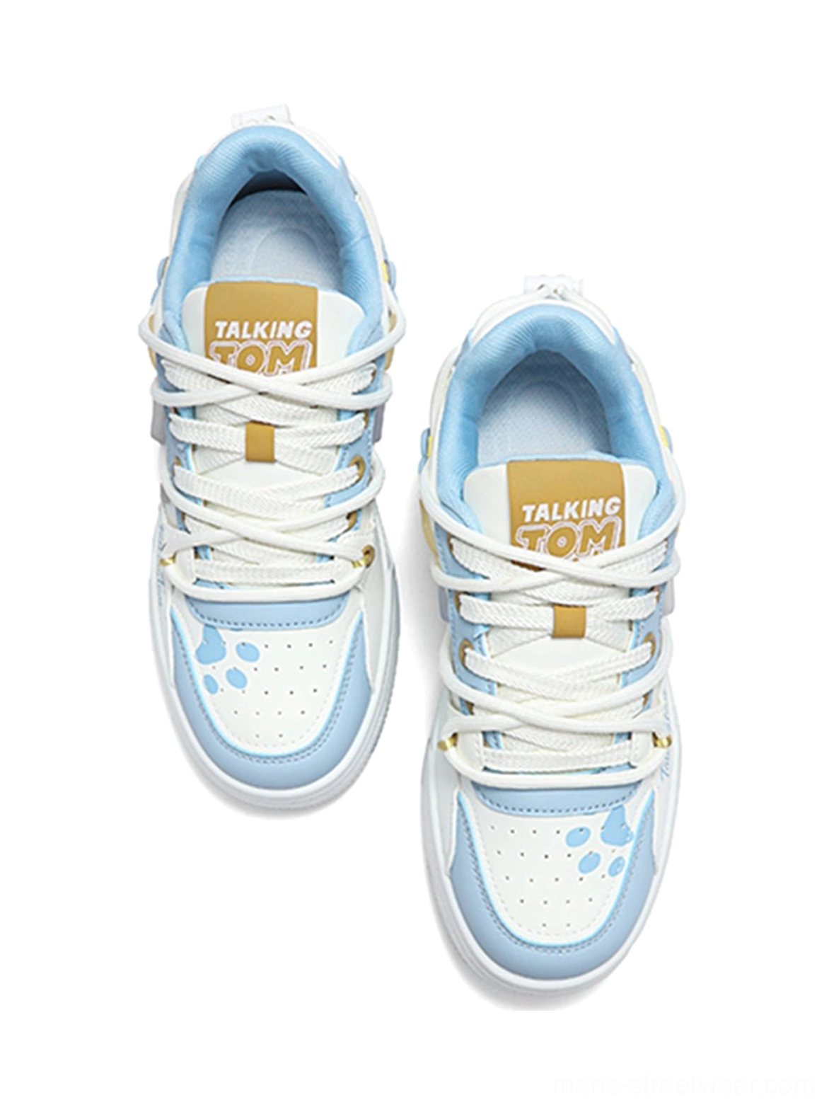 Top view of paw print court sneakers showing light blue lining, perforated toe panels, and graphic insole detail