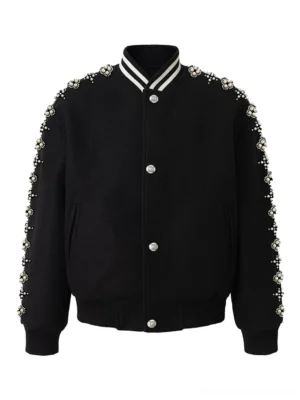 Front view of black pearl embellished varsity baseball streetwear jacket with striped ribbed collar, snap buttons, and crystal sleeve details