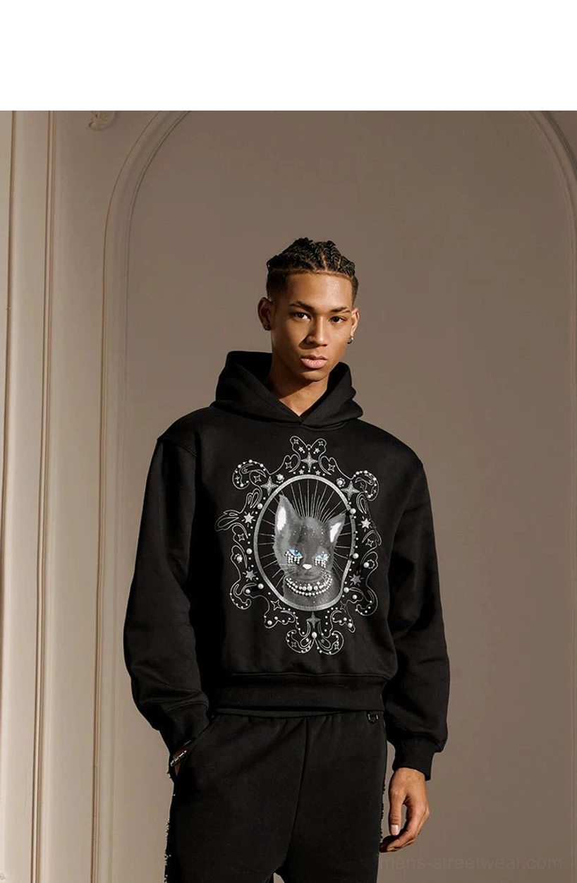 Pearl embellished mystic cat oversized gothic streetwear hoodie black product view