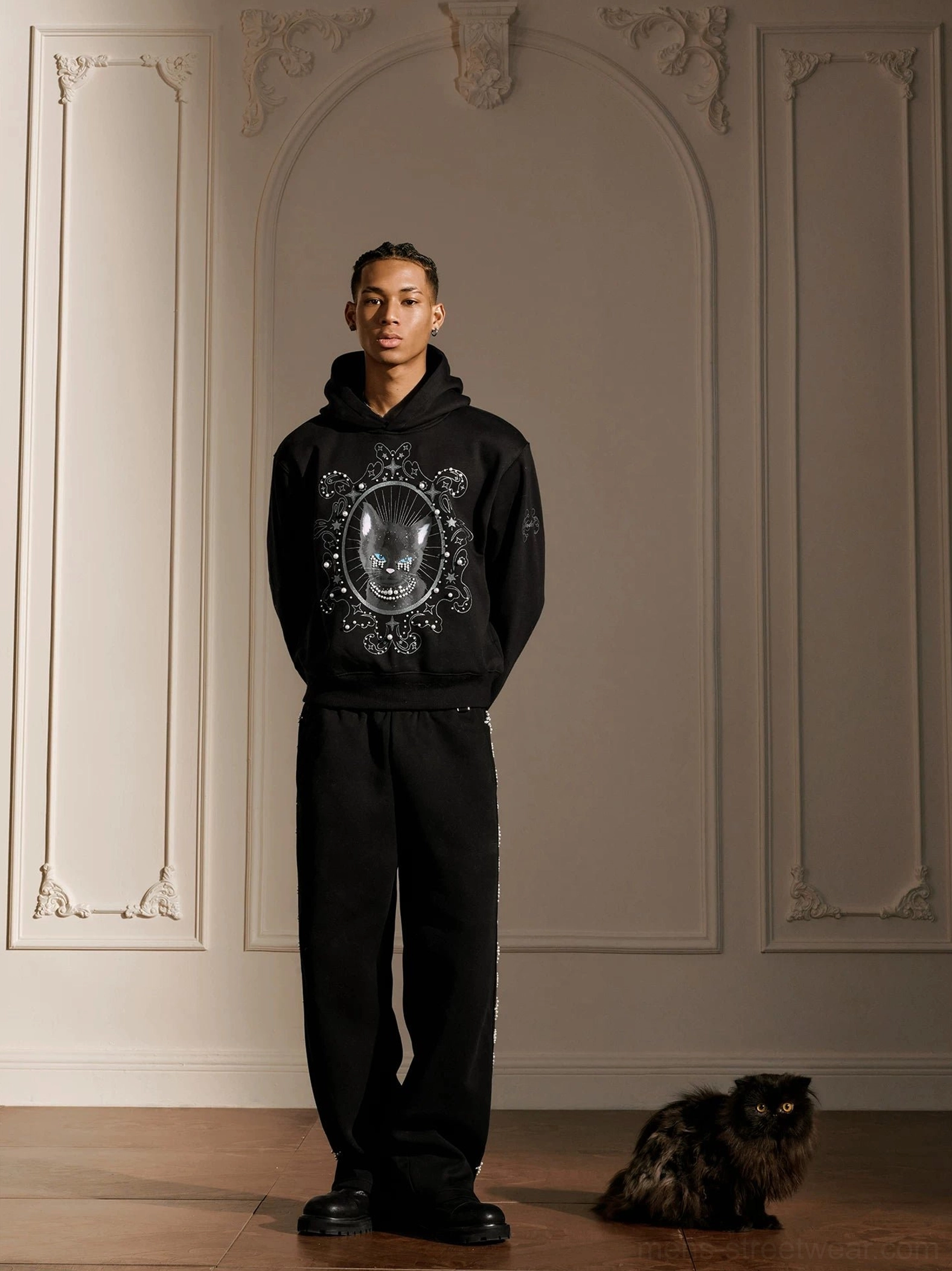 Pearl embellished mystic cat oversized gothic streetwear hoodie full outfit front view on male model