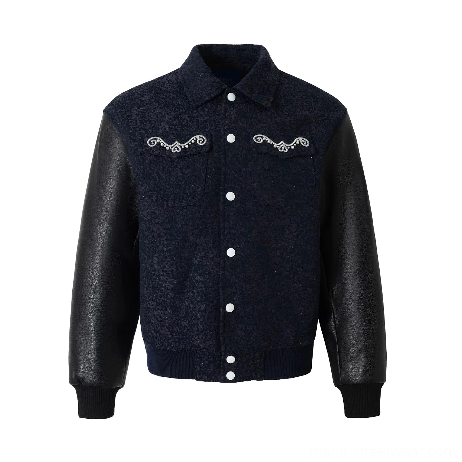 Navy pearl embellished varsity jacket with black faux leather sleeves, oversized decorated back graphic, and vintage Korean streetwear styling