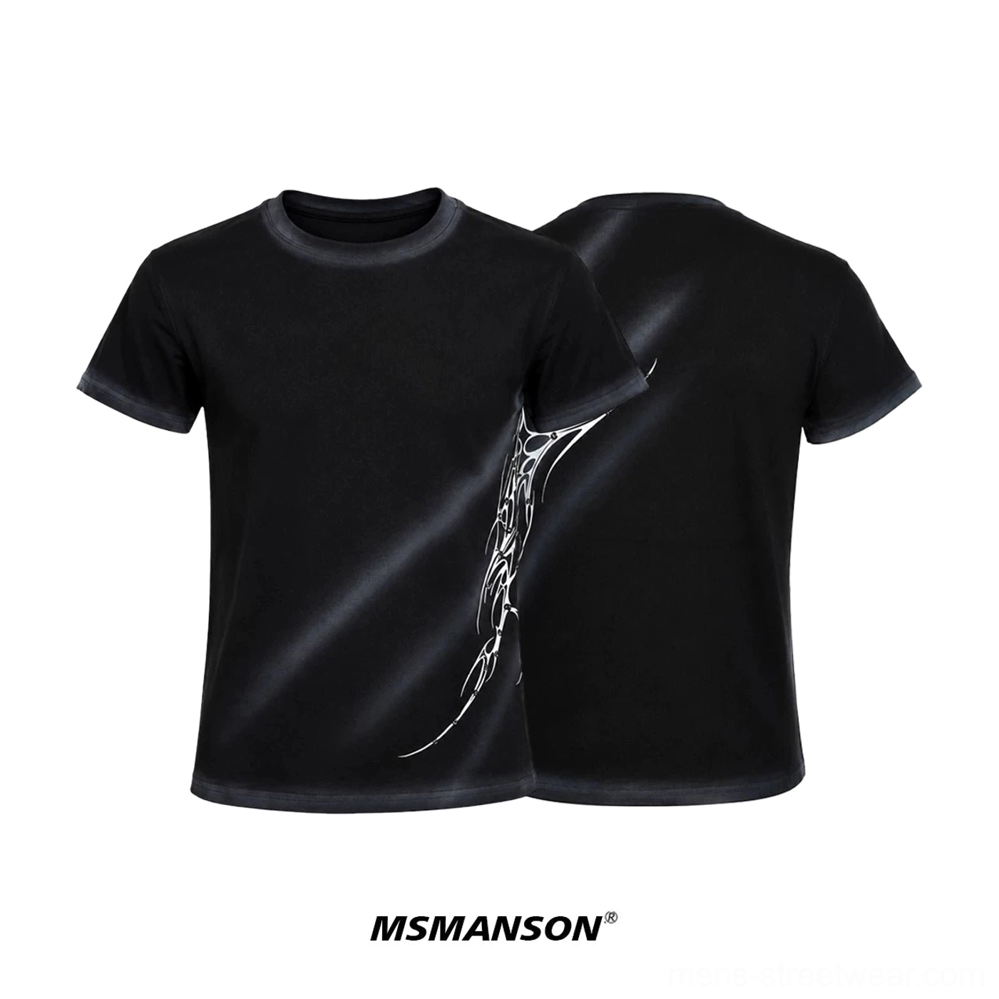 Black Phantom Arc graphic T-shirt flat lay showing front and back views, crew neck, gradient spray effect, and tribal streetwear artwork