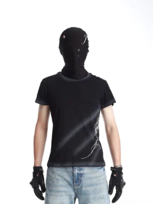 Black Phantom Arc tribal graphic performance streetwear T-shirt shown from the back with gradient spray print, faded trim, and Seoul-inspired styling
