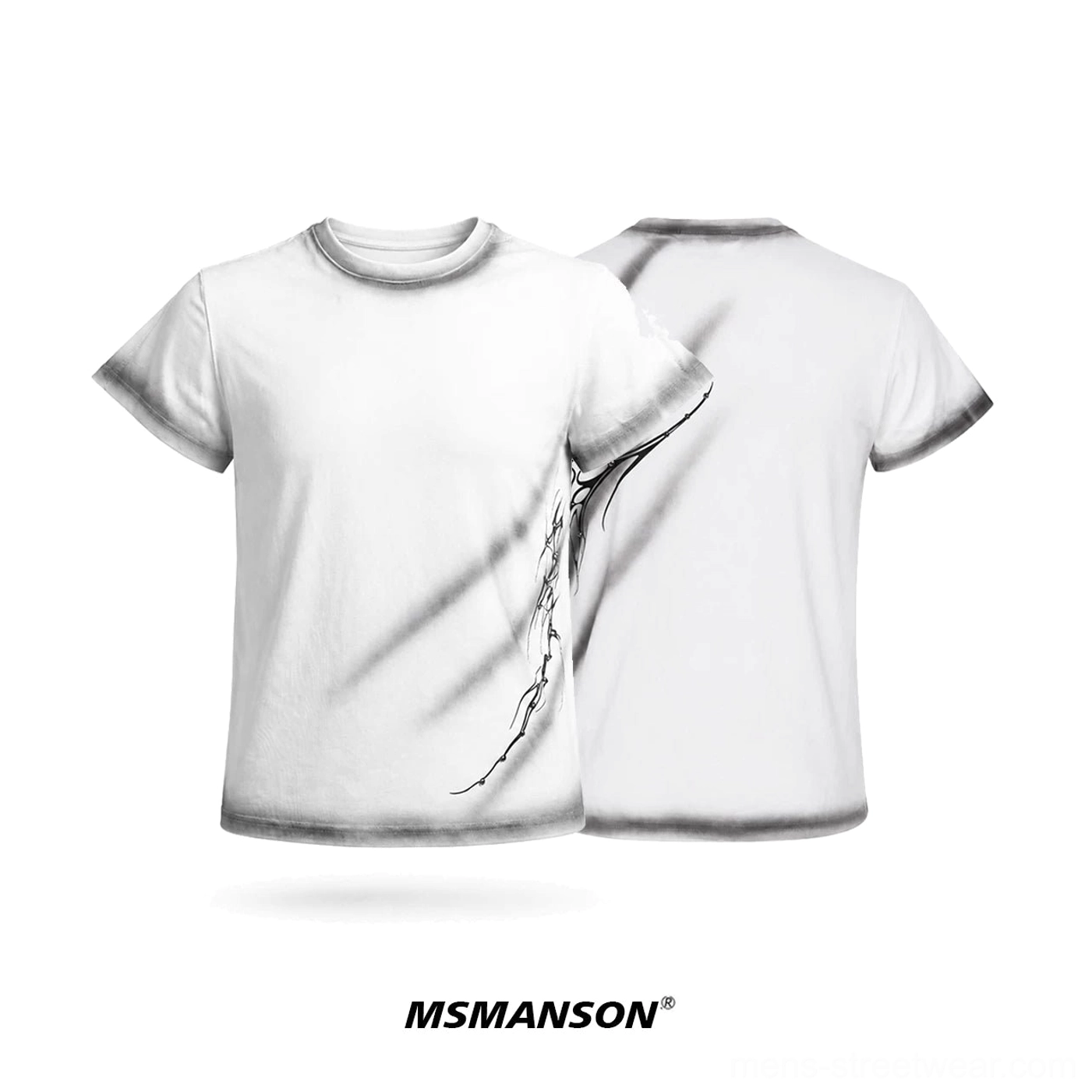 White Phantom Arc graphic T-shirt flat lay showing front and back views with faded trims and subtle tribal streetwear print