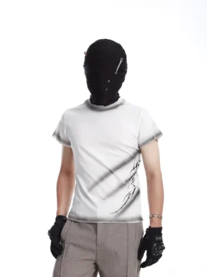 White Phantom Arc tribal graphic performance T-shirt shown from the back with abstract tattoo-inspired artwork and gradient spray details