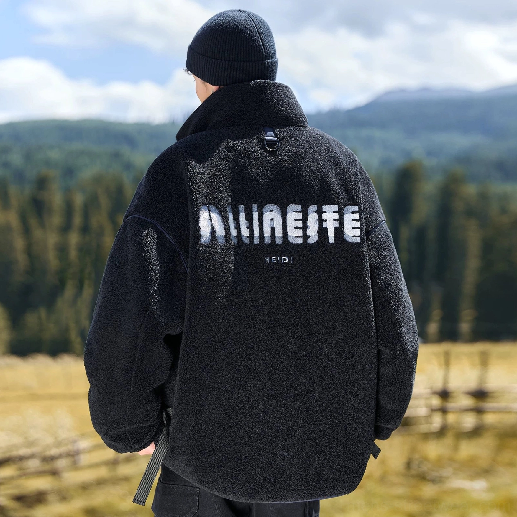 Phantom Black sherpa expedition jacket colorway with oversized utility pockets, high collar, and insulated fleece design