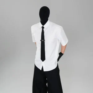 White Phantom Noir short sleeve Korean streetwear shirt with black necktie and metallic tie bar styled with black trousers