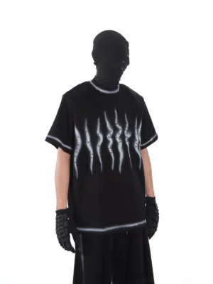 Black Phantom Pulse airbrush streetwear tee shown from the three-quarter back with a solid black rear, contrast collar and hem trim, and relaxed oversized fit