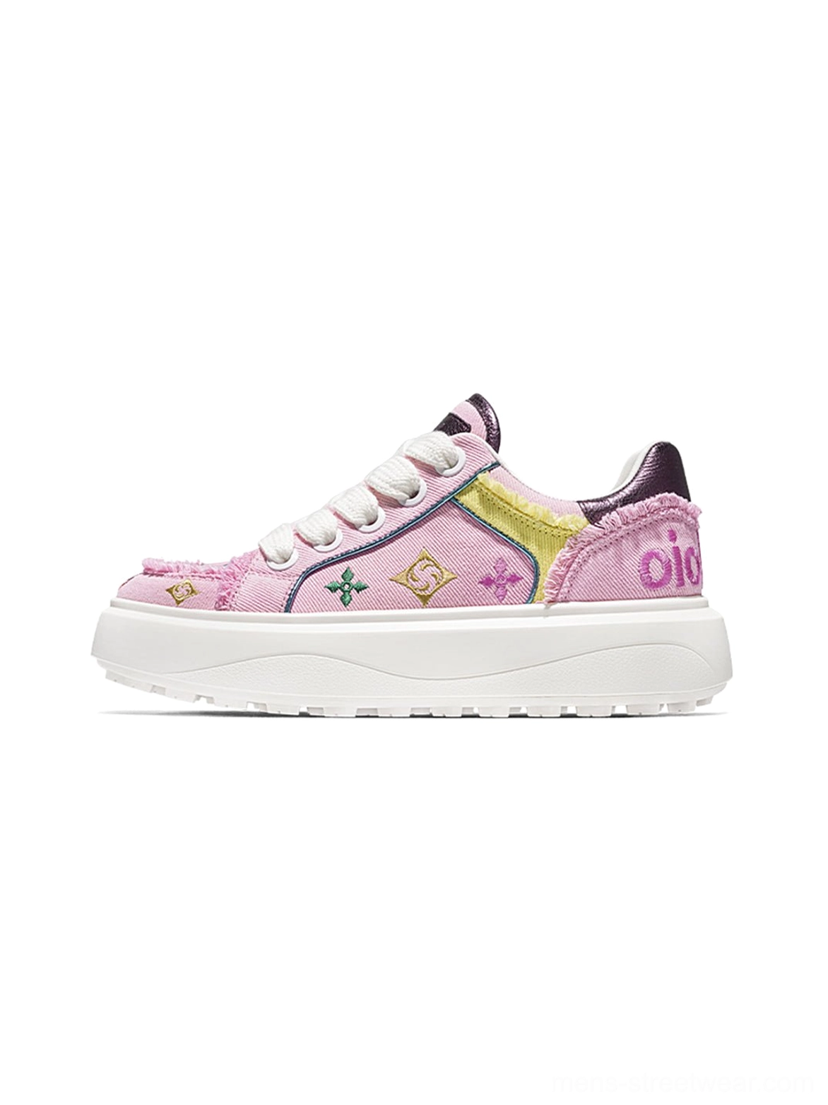 Pink platform skate sneakers with embossed textured panels colorful embroidered accents padded collar lace-up front and thick EVA rubber outsole