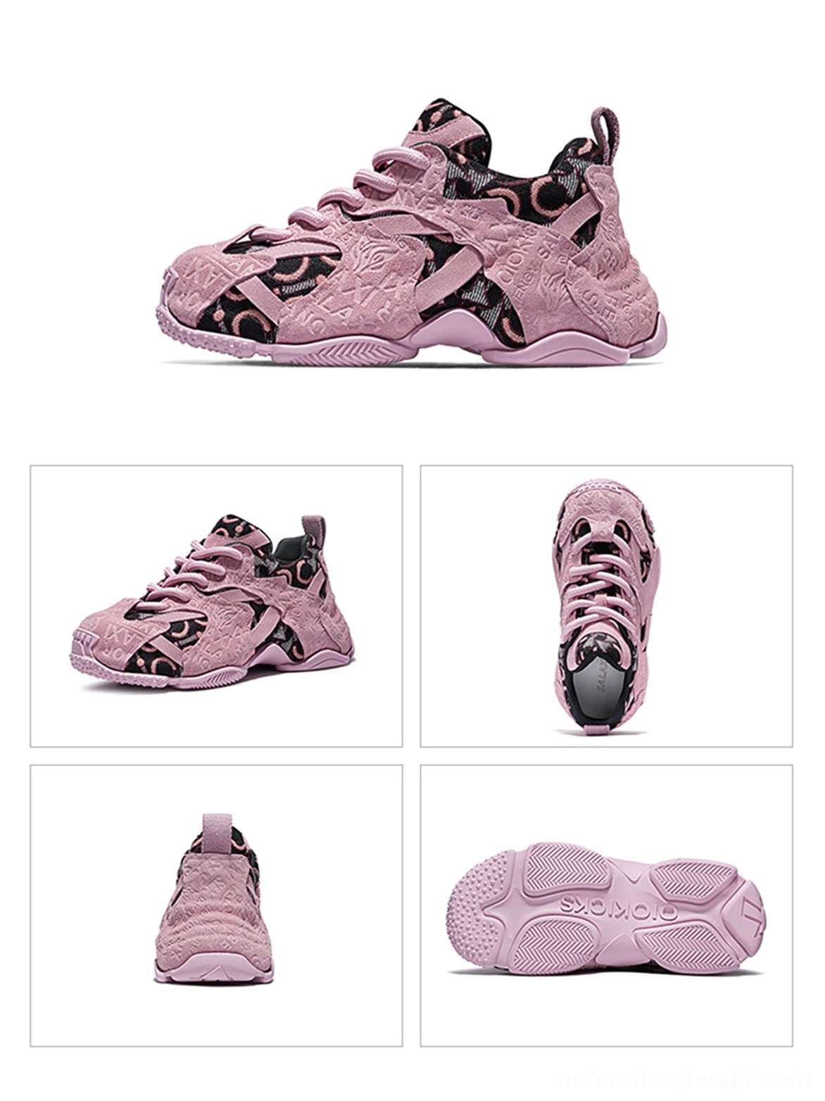 Multi-angle product presentation of pink embroidered chunky dad sneakers showing side, top, rear, and textured outsole details