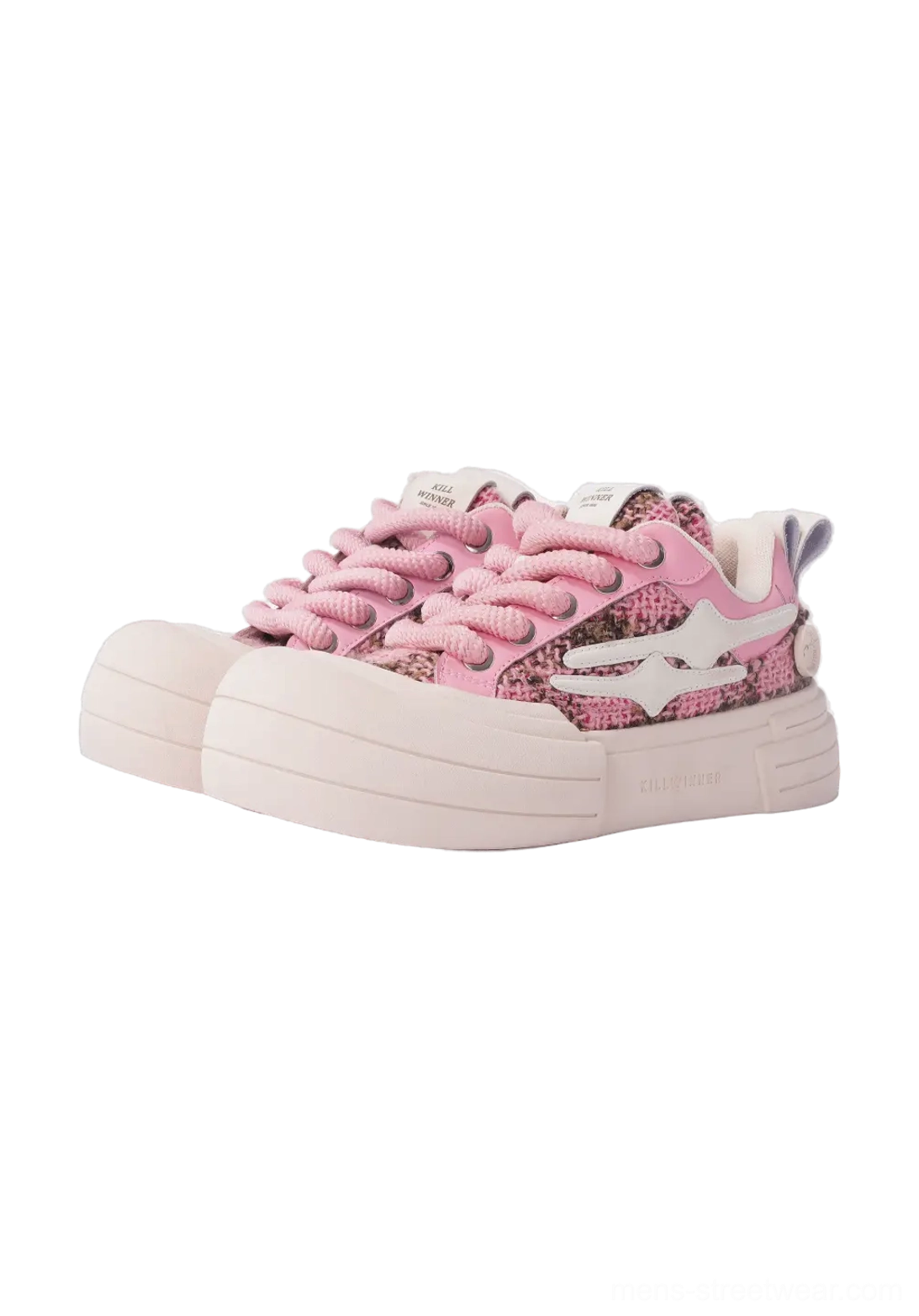 Pink glitter tweed platform sneakers front side studio display with tonal laces and thick platform sole