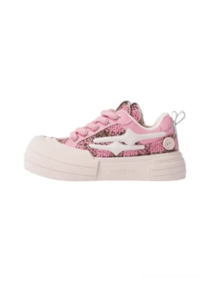 Pink glitter tweed star platform sneakers left side studio view with chunky monochrome pink sole