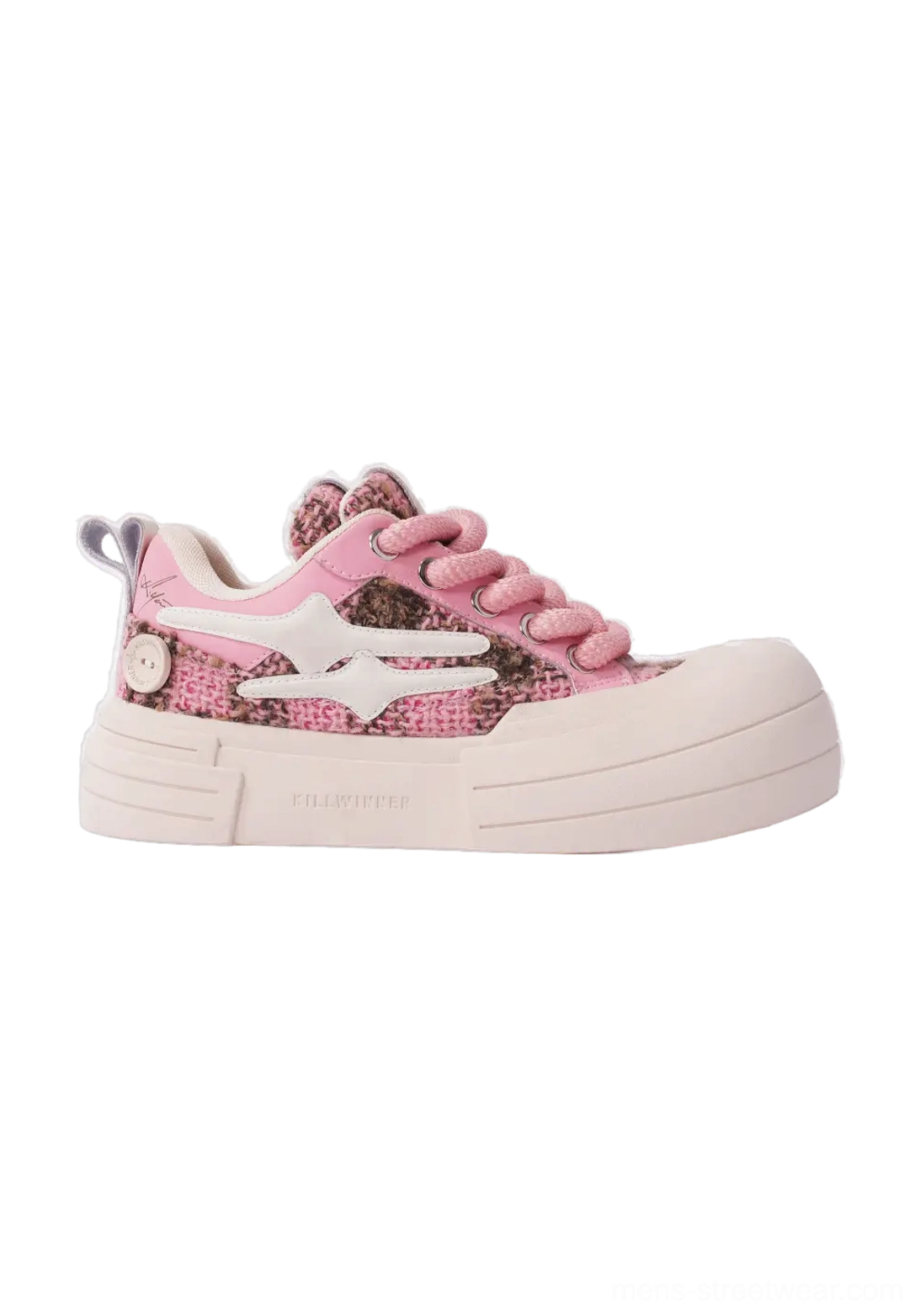 Right side view of pink glitter tweed star platform sneakers with white star appliqué and heel pull tab