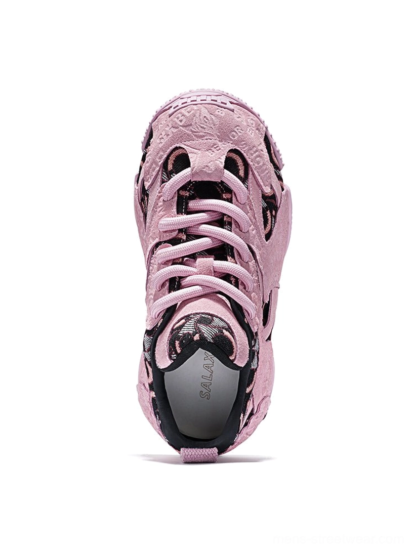 Front view of pink lace-up chunky dad sneakers with a rounded toe box, tonal embroidered details, thick outsole, and visible insole