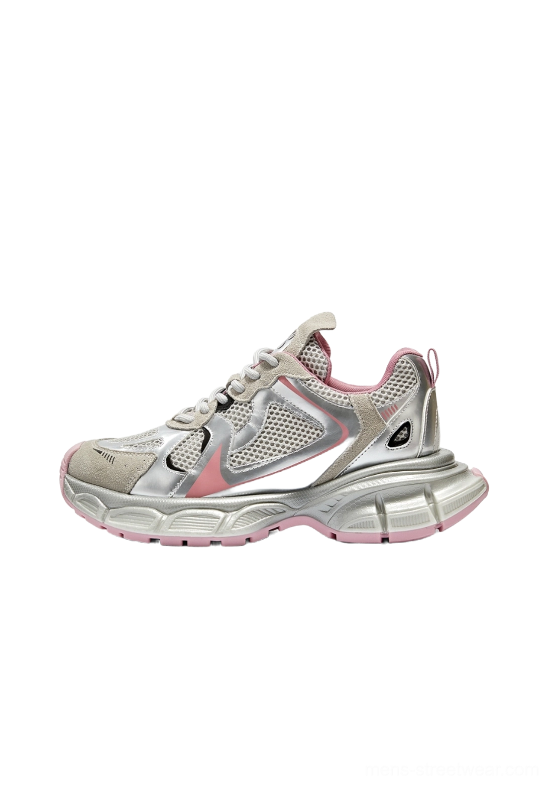 Pink metallic mesh chunky runner sneakers with reflective overlays and sculpted sole for expressive streetwear styling