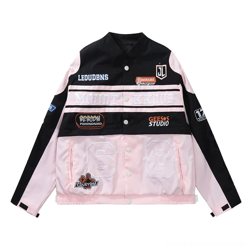Pink motorcycle racing varsity jacket product image with bold color-block design, racing-inspired patches, and varsity streetwear details