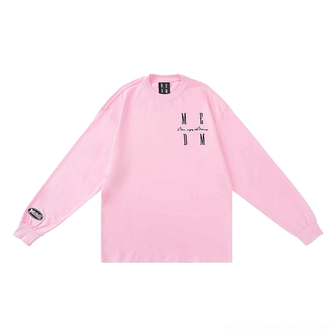 Pink oversized MCDM graphic long sleeve T-shirt in a relaxed unisex Korean streetwear silhouette