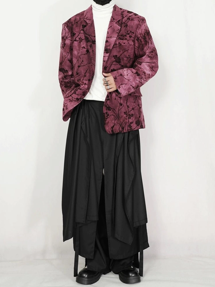 Pink purple botanical velvet blazer layered with white turtleneck and black wide leg streetwear trousers