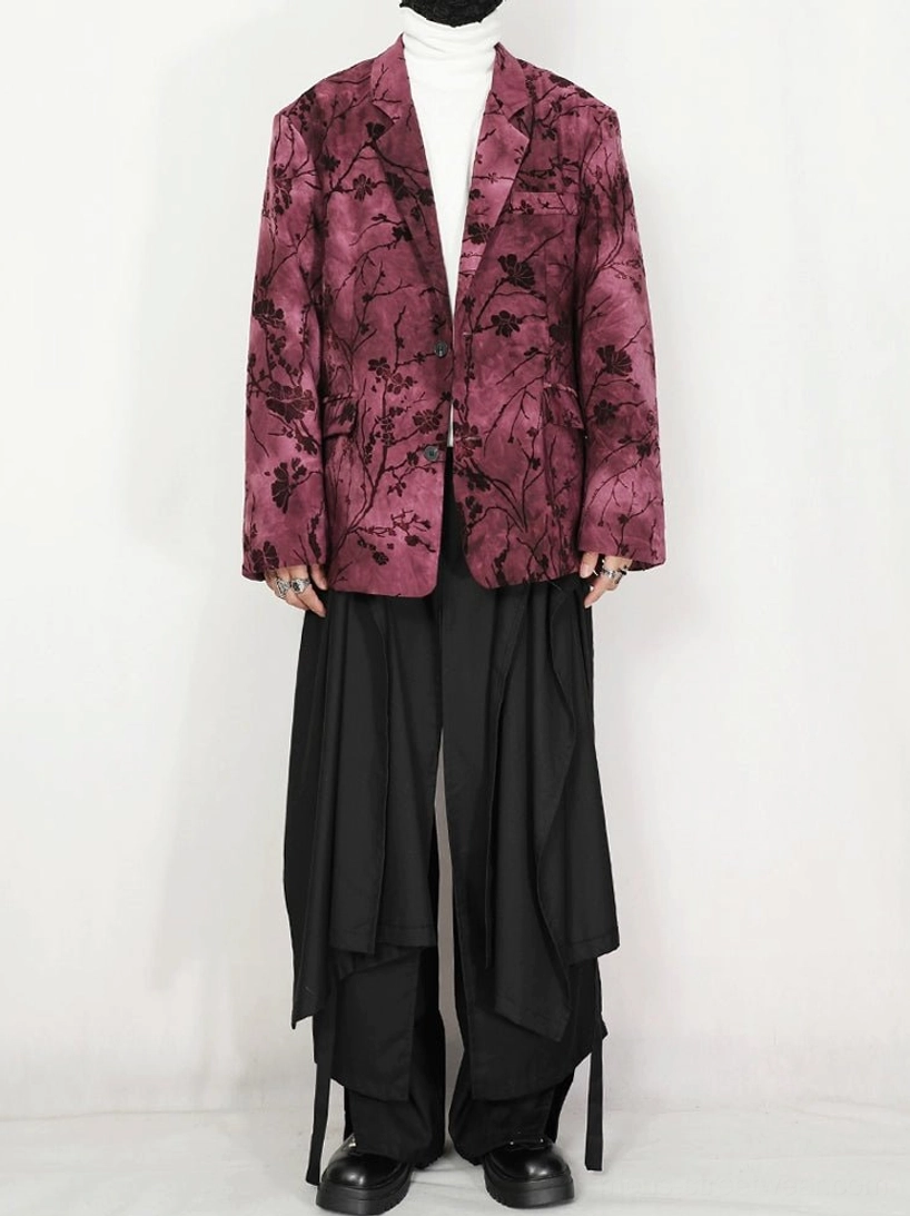 Pink purple floral velvet blazer for avant-garde streetwear detailed product view