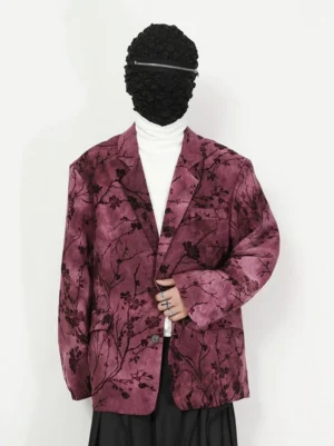 Pink purple floral velvet blazer front view styled with a white turtleneck and black skirt for avant-garde streetwear