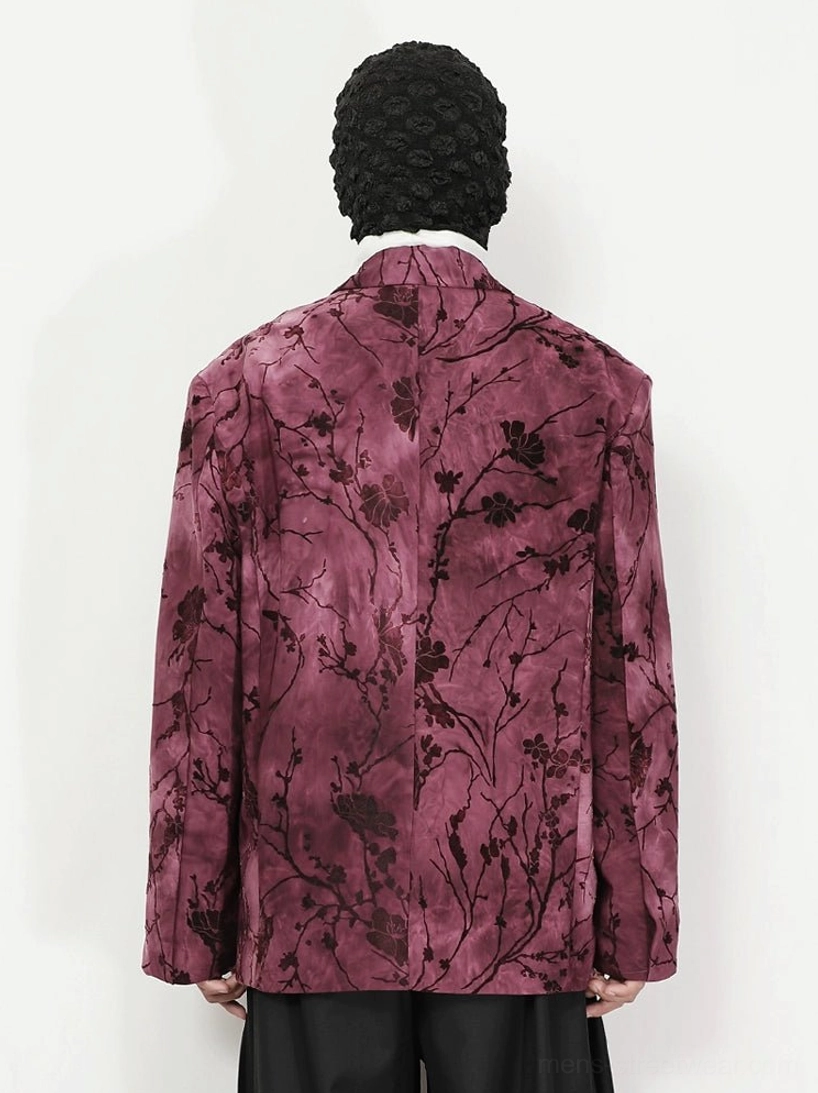 Pink purple floral velvet blazer with dark botanical pattern and relaxed tailored silhouette product view